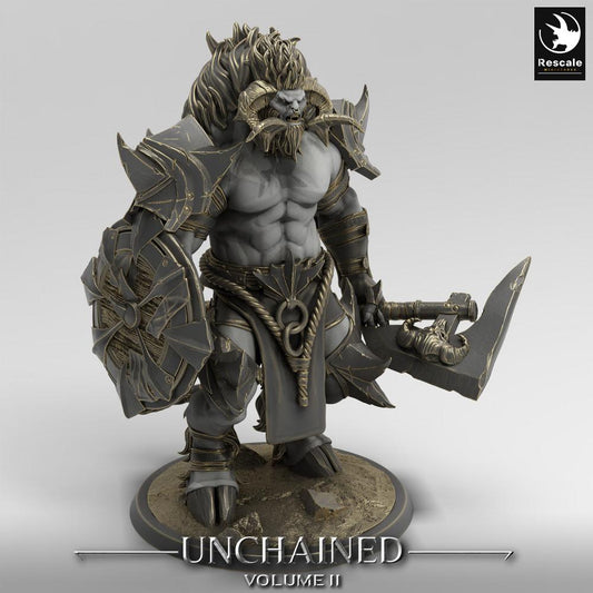 Product photo Tabletop 28mm Lord of the Print (LotP) 0: Fantasy Figure: Lionfolk Beast Warrior with Axe and Round Shield, Champion and Leader (24_05_G3)