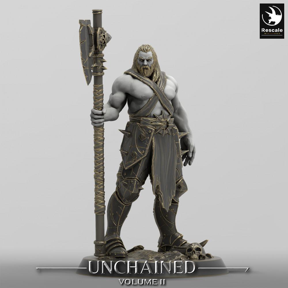 Product photo Tabletop 28mm Lord of the Print (LotP) 0: Tabletop miniature: Barbarian Warlord, Berserker axe fighter with two-handed axe, tribal warrior leader (24_05_C4)