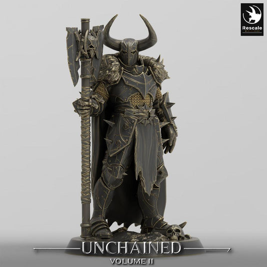 Product photo Tabletop 28mm Lord of the Print (LotP) 0: Fantasy Figure: Dark Knight - Axe Champion with Two-Handed Axe, Boss Mini for Wargaming (24_05_D5)