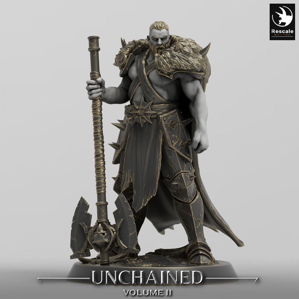 Product photo Tabletop 28mm Lord of the Print (LotP) 0: Fantasy Figure: Barbarian / Berserker - Nordic Warlord, Rune Warrior, and Axe Fighter with Great Double Axe (24_05_C5)
