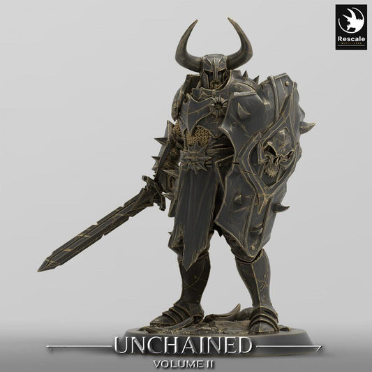 Product photo Tabletop 28mm Lord of the Print (LotP) 0: Tabletop miniature: Dark Knight / Chaos Warrior with shield and longsword, horned helmet, skull emblem (24_05_D22)