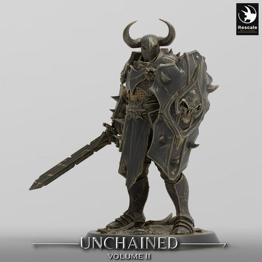 Product photo Tabletop 28mm Lord of the Print (LotP) 0: Fantasy Figure: Dark Knight with Shield and Longsword, Cursed Paladin, Demonic Champion (24_05_E19)