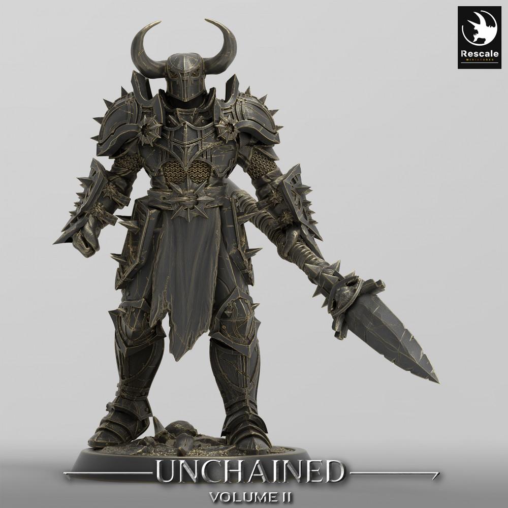 Product photo Tabletop 28mm Lord of the Print (LotP) 0: Fantasy Figure: Dark Knight Commander / Chaos Warrior - Commander Stance with Greatsword and Parrying Shield (24_05_F7)