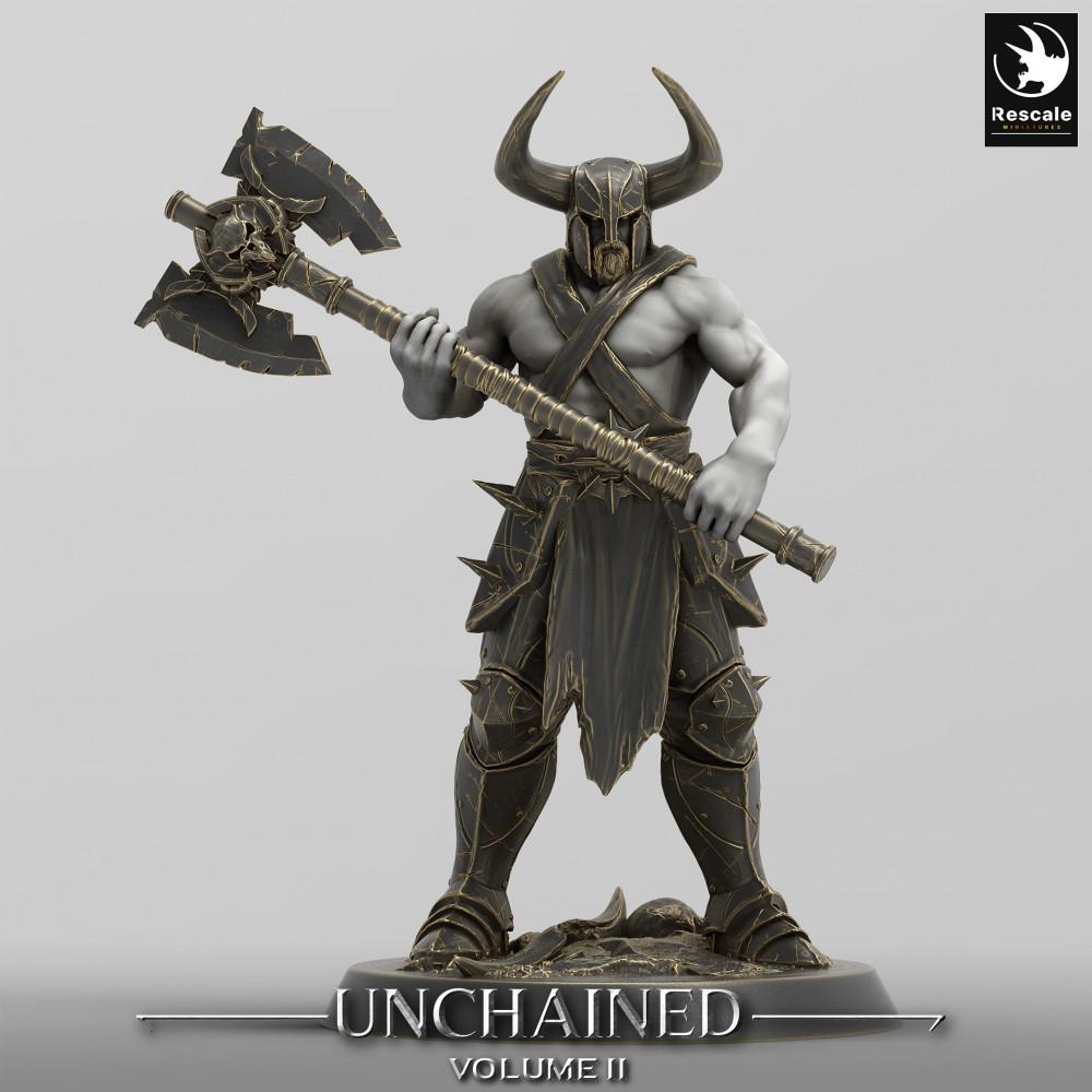 Product photo Tabletop 28mm Lord of the Print (LotP) 0: Tabletop miniature: Barbarian Berserker with two-handed battle axe, chainbreaker axe fighter, horned helmet warrior (24_05_C6)
