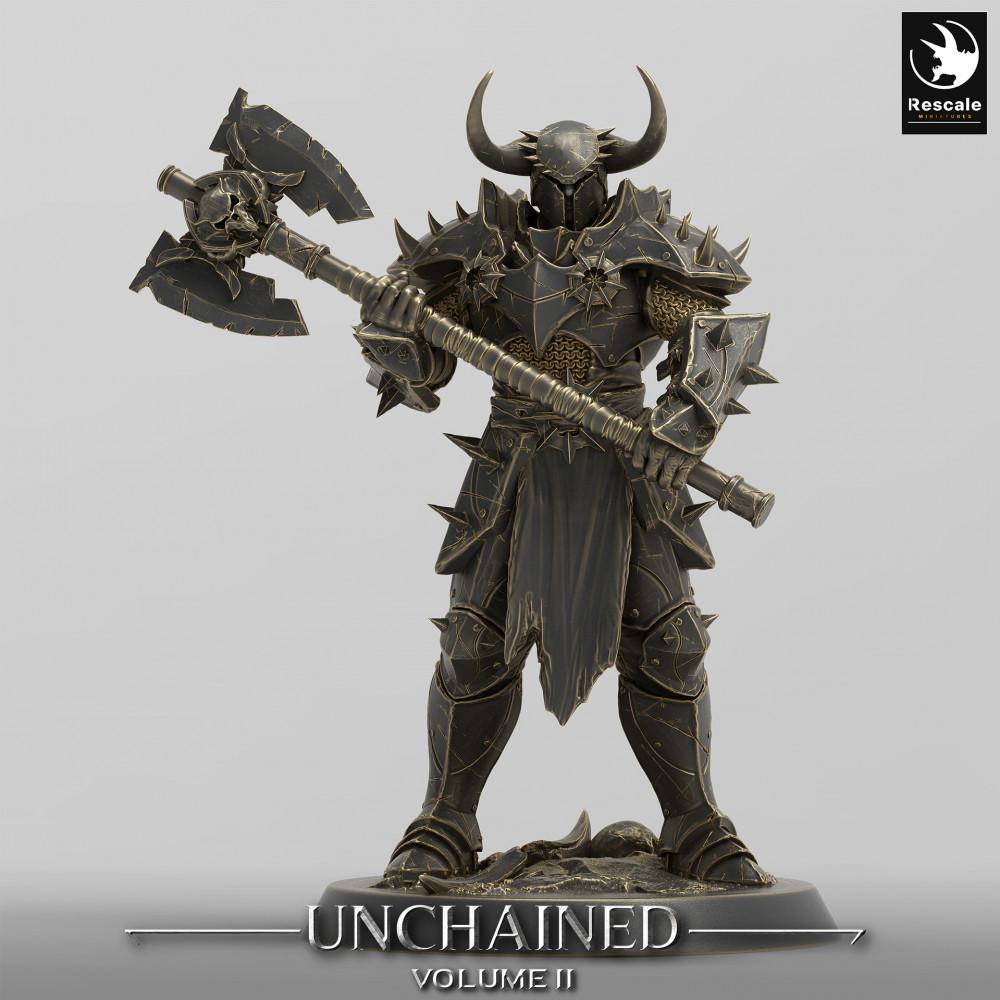 Product photo Tabletop 28mm Lord of the Print (LotP) 0: Fantasy miniature: Dark Knight with two-handed axe - Demon Knight, Corrupted Paladin, Axe Warrior (24_05_E6)