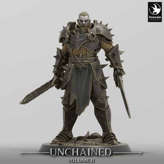 Product photo Tabletop 28mm Lord of the Print (LotP) 0: Fantasy miniature: Dark Knight, Chaos Warrior with dual broadswords, sinister Paladin (24_05_D23)