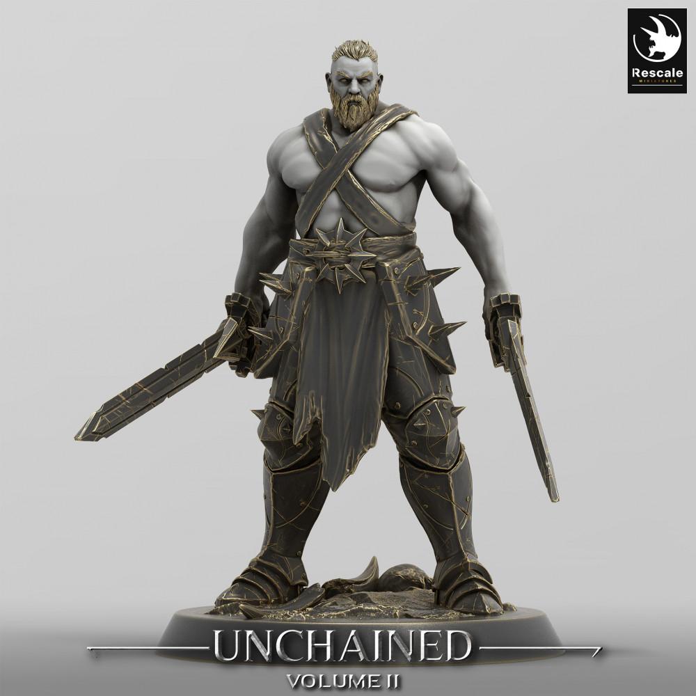 Product photo Tabletop 28mm Lord of the Print (LotP) 0: Fantasy Figure: Unchained Warrior, Gladiator, Dual Wielder with Two Short Swords - Unchained Warrior (24_05_C18)