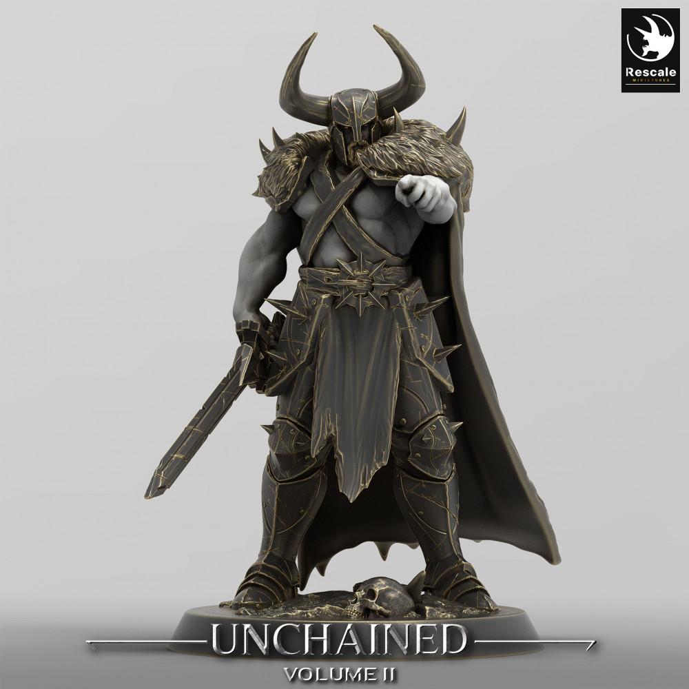Product photo Tabletop 28mm Lord of the Print (LotP) 0: Tabletop miniature: Demon Knight / Dark Paladin, Warlord with Horned Helmet, Cloak, and Greatsword, Challenging Pose (24_05_C19)