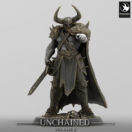 Product photo Tabletop 28mm Lord of the Print (LotP) 0: Tabletop miniature: Demon Knight / Dark Paladin, Warlord with Horned Helmet, Cloak, and Greatsword, Challenging Pose (24_05_C19)