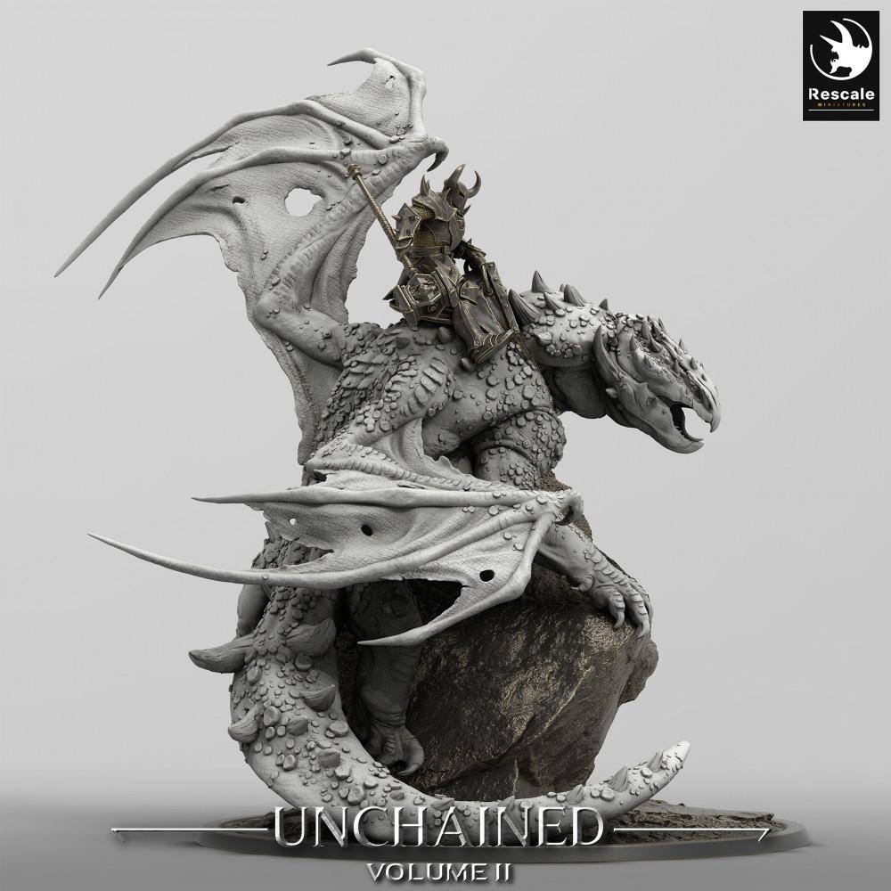 Product photo Tabletop 28mm Lord of the Print (LotP) 0: Tabletop miniature: Dragon Rider on Wyvern, Warlord in plate armor with war hammer, boss monster with volcano diorama base (24_05_K1)
