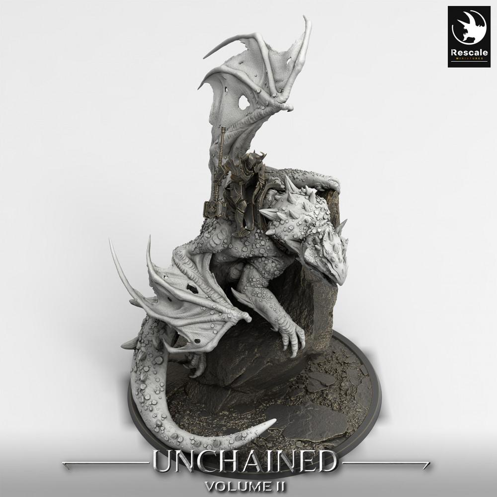 Product photo Tabletop 28mm Lord of the Print (LotP) 0: Tabletop miniature: Dragon Rider on Wyvern, Warlord in plate armor with war hammer, boss monster with volcano diorama base (24_05_K1)