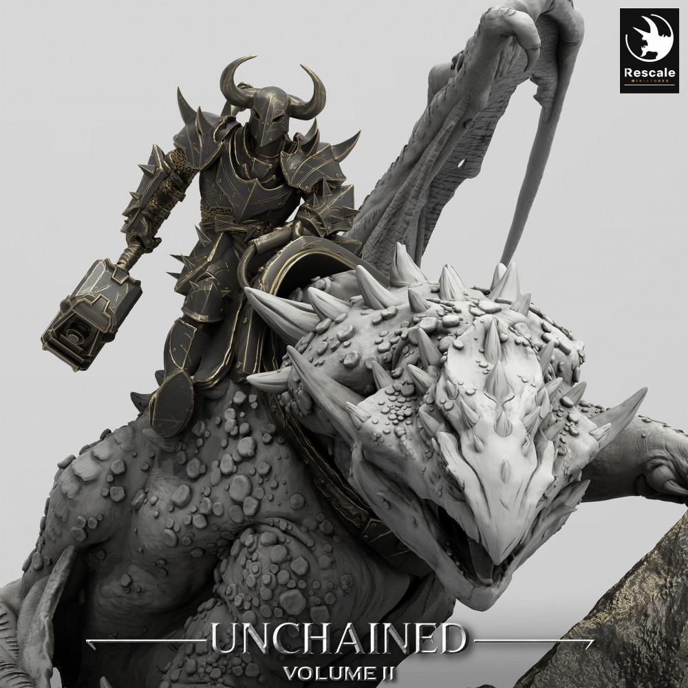 Product photo Tabletop 28mm Lord of the Print (LotP) 0: Tabletop miniature: Dragon Rider on Wyvern, Warlord in plate armor with war hammer, boss monster with volcano diorama base (24_05_K1)