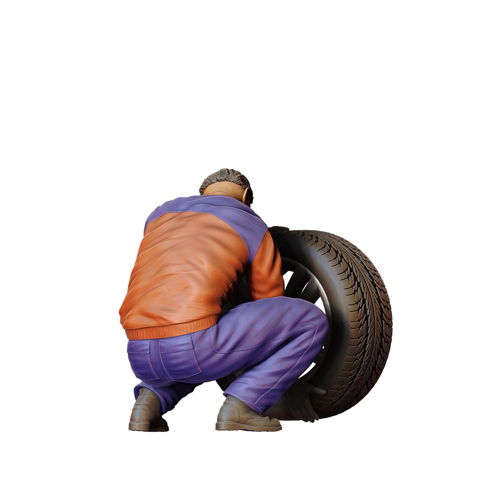 Product photo 0: Mechanic kneeling: Tire change in the auto repair shop