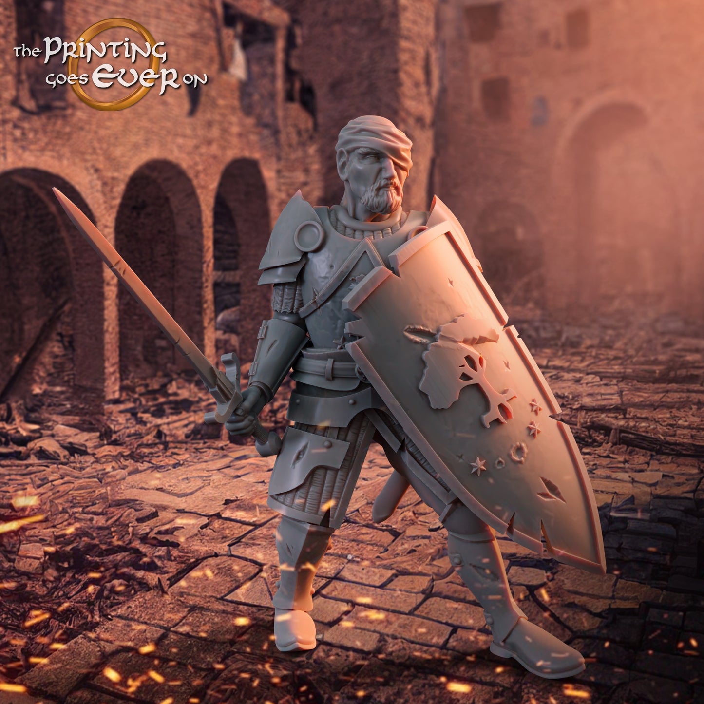 Product photo medieval historical figure 75mm Scale The Printing Goes Ever On (TPGEO) 0: Medieval Knight Figures Astonished Knight Veteran - Leader of Gonthan