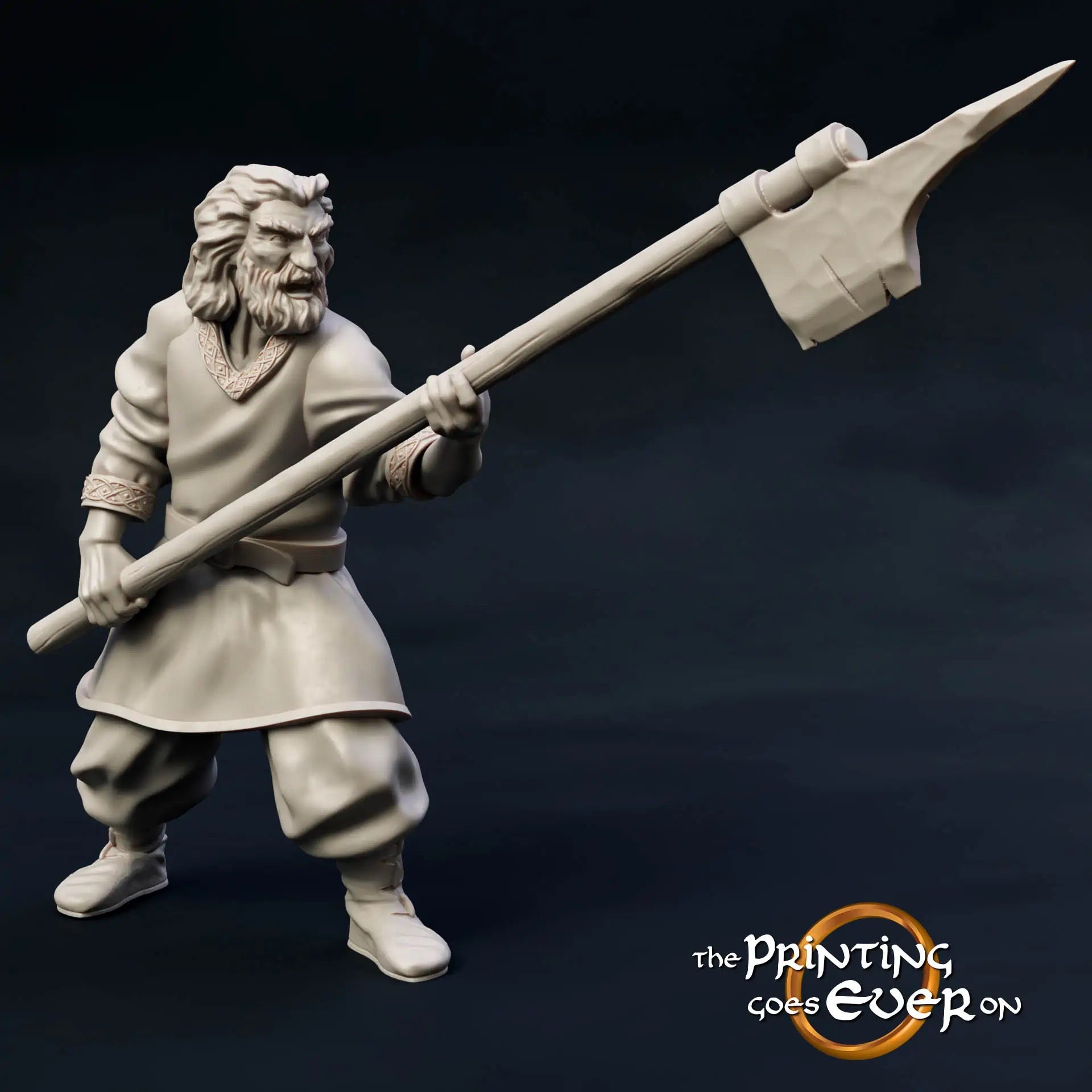 Product photo Tabletop 28mm The Printing Goes Ever On (TPGEO) 0: Armed Wildlings: Warrior Squad with Axe, Spear, and Shield - Raiders