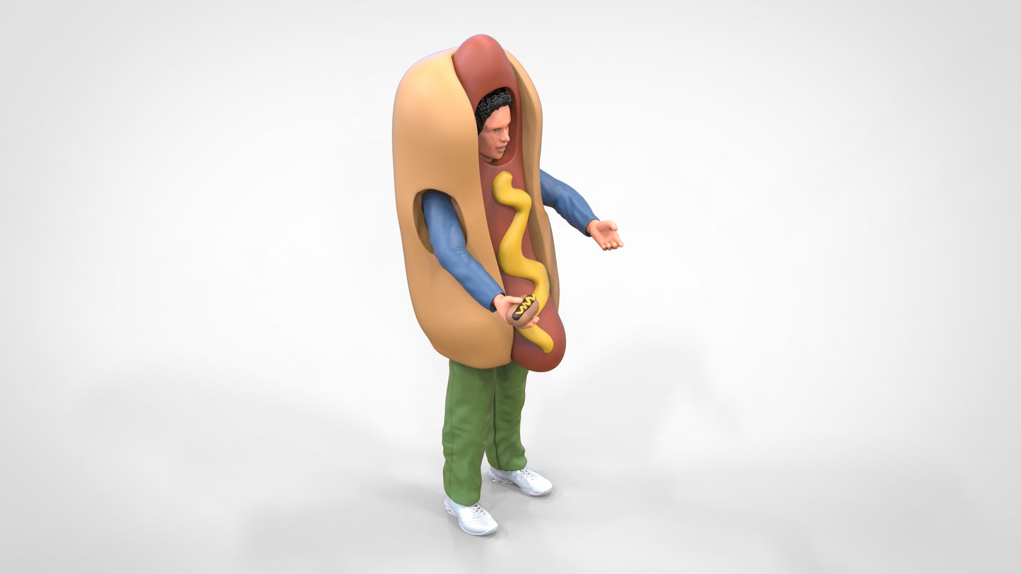 Product photo diorama and model building miniature figure: Hot Dog vendor in hot dog costume