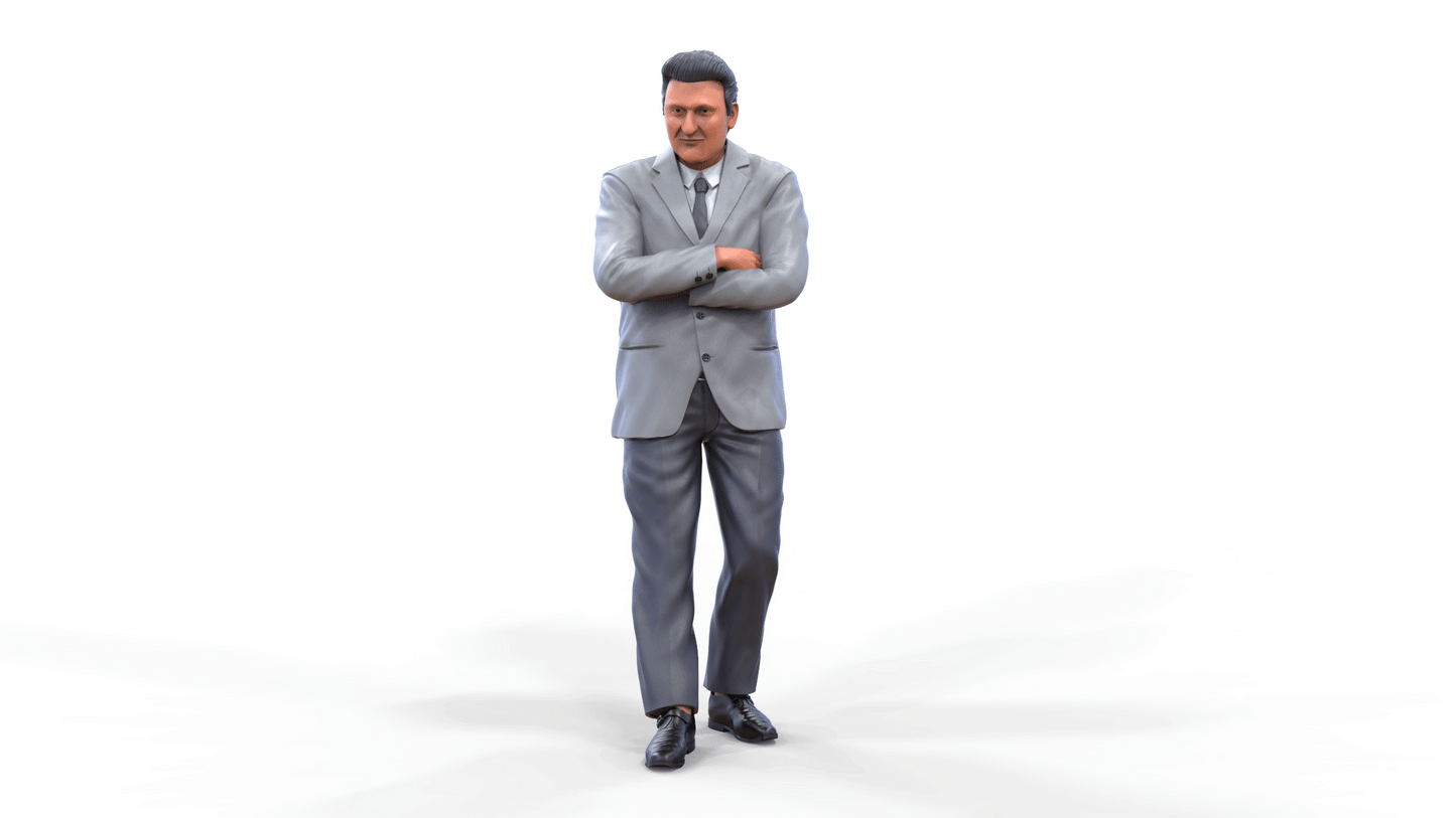 Product photo diorama and model building miniature figure: man in a suit leaning