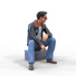 Product photo diorama and model building miniature figure: man in leather jacket and sunglasses sitting