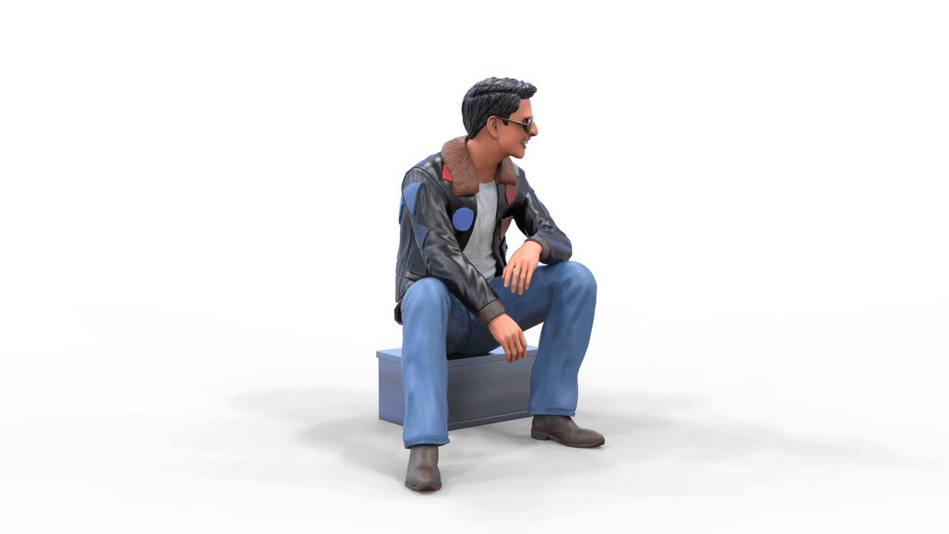 Product photo diorama and model building miniature figure: man in leather jacket and sunglasses sitting