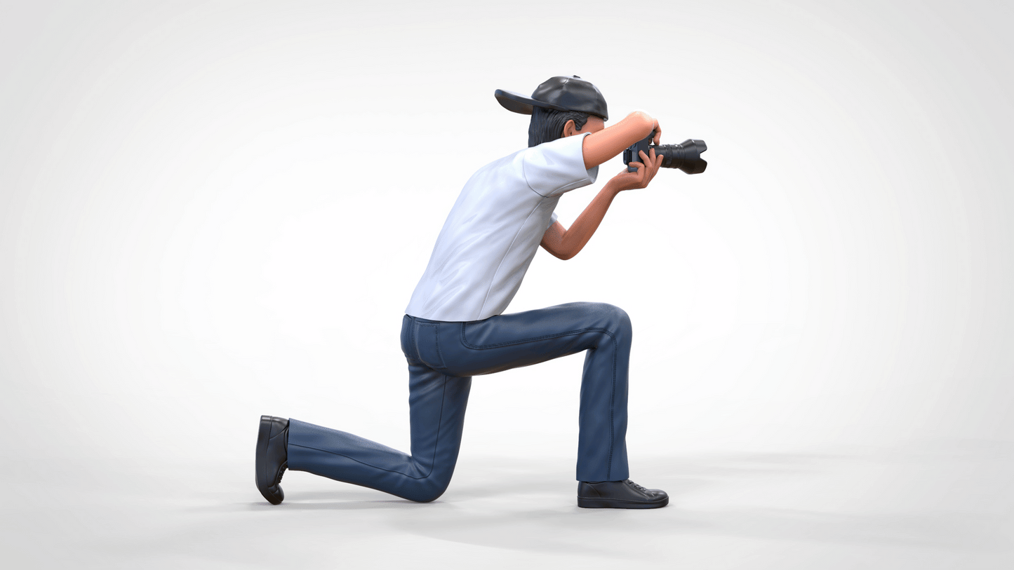 Product photo diorama and model building miniature figure: photographer kneeling