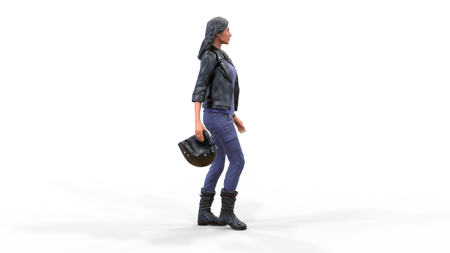 Product photo diorama and model building miniature figure: Racer 5 - Female racer with helmet and leather jacket